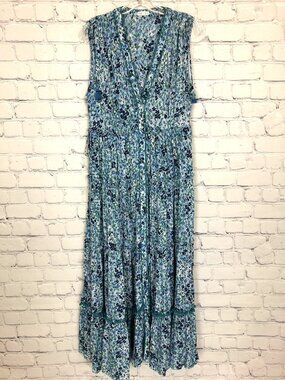 Poupette St Barth Ivy Floral Tiered Maxi Dress Size M Sky Blue Daffodil